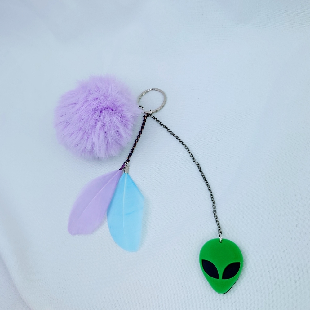 Alien Bag Charm Keychain Fluffy Pom Ball